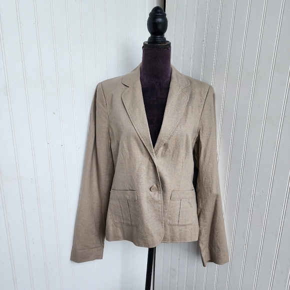 BCBG MAXAZRIA  Women Elegant Beige Tan Lined Blazer Jacket Linen/Rayon Classic M - Picture 1 of 15
